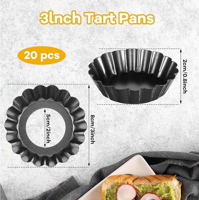 20 Packs Mini Tart Pans Removable Bottom 3 Inch Tart Pan Round Fluted Nonstick Quiche Pie Pan Loose Bottom for Tartlets Dessert Baking