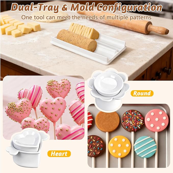 Cake Pop Mold Set with 8.7 Inch Double Tray, 1.75in Heart and Round Non-3D Printed Cake Pop Cutter and Pusher, Smooth and Easy Clean Surface, Baking Molds for Home Baking, Birthday Parties, Wedding