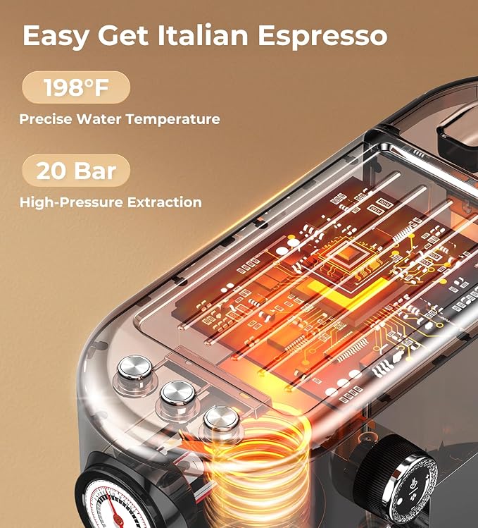 atatix 20 Bar Espresso Machine with Milk Frother, Compact Espresso Maker, Stainless Steel Coffee Machine with Precise Temp Control & 44oz Removable Water Tank for Latte, Cappuccino, Dark Grey