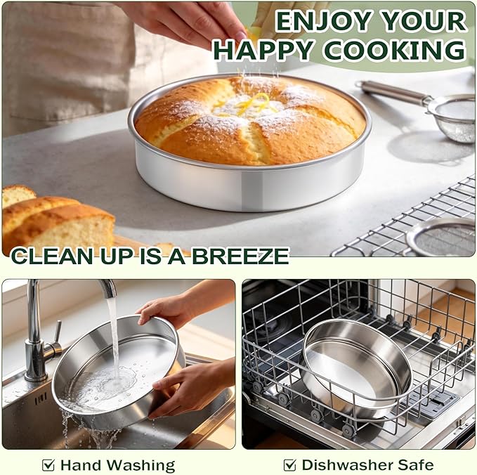 P&P CHEF 9 Inch Cake Pan, 1 Piece Round Layer Cake Baking Pans, Stainless Steel Smash Cake Tin Bakeware for Cooking Steaming, Nontoxic & Sturdy, Oven & Dishwasher Safe