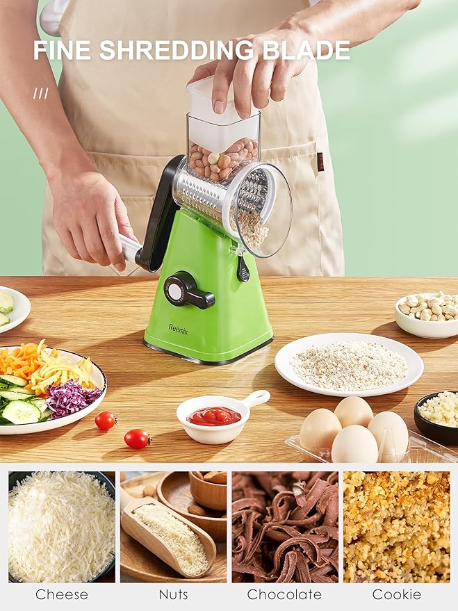 Rotary Cheese Grater with Handle, Reemix Vegetable Cheese Shredder Slicer Grater for Kitchen 3 Changeable Blades for Cheese Potato Zucchini Nuts Chocolate (Green)
