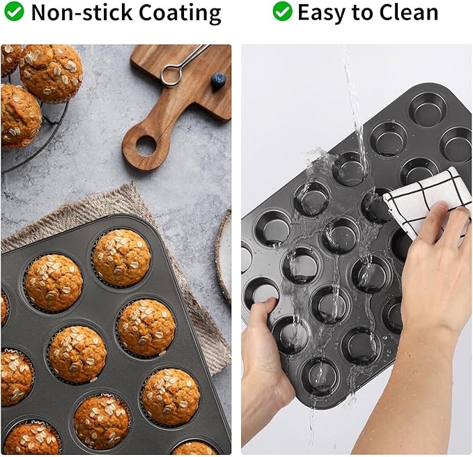 Beasea Nonstick Mini Muffin Pan 24 Cups, 2 Pack 24 Mini Small Tiny Cup Non Stick Muffin Baking Pan Tin Tray Carbon Steel Bakeware Individual Cupcake Baking Pan - Black