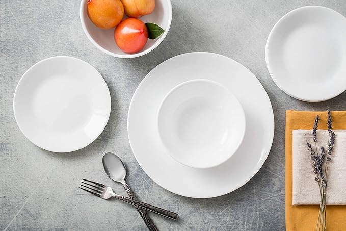 Corelle Vitrelle 18-Piece Service for 6 Dinnerware Set Triple Layer Glass and Chip Resistant, Lightweight Round Plates and Bowls Set, Winter Frost White