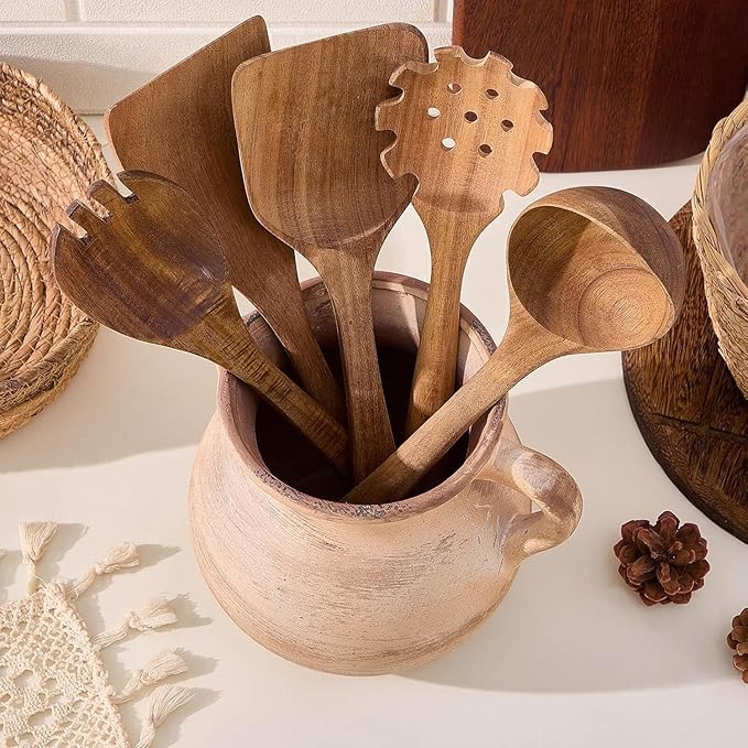 MIYUKI Rustic Kitchen Utensil Holder - 7.6 Inch Ceramic Utensil Crock for Countertop, Vintage Kitchen Counter Decor