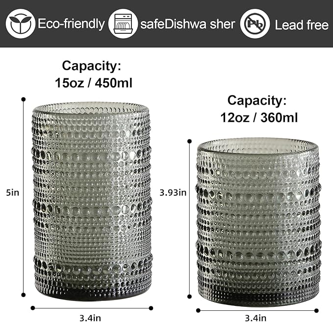 ZMOWIPDL Vintage Glassware Drinking Glasses Set of 12,Grey 12oz & 15oz Hobnail Glass Cups,Embossed Water Tumbler,for Beer,Cocktail,Whiskey,Juice and Various Mixed Drinks- 1 Cleaning Brush