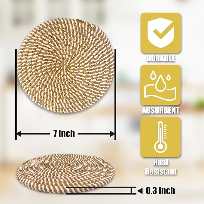 Trivets for Hot Dishes, Hot Pads for Kitchen, 7'' Trivets for Hot Pots and Pans, Pot Holders for Kitchen, Pot Holders Heat Resistant 4-Pcs, Kitchen Essentials for New Home (Brown)