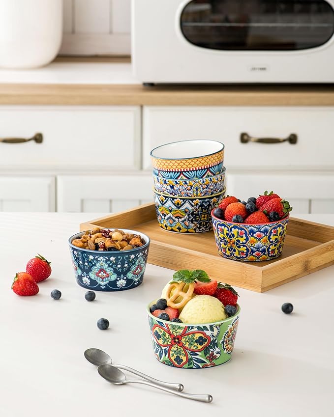 Ramekins Oven Safe for Creme Brulee - Porcelain Pudding Custard Cups 6 oz - Small Serving Bowls for Souffle, Dipping Sauce, Ice Cream, Baking Ramiken Set of 6 - Bohemian Style