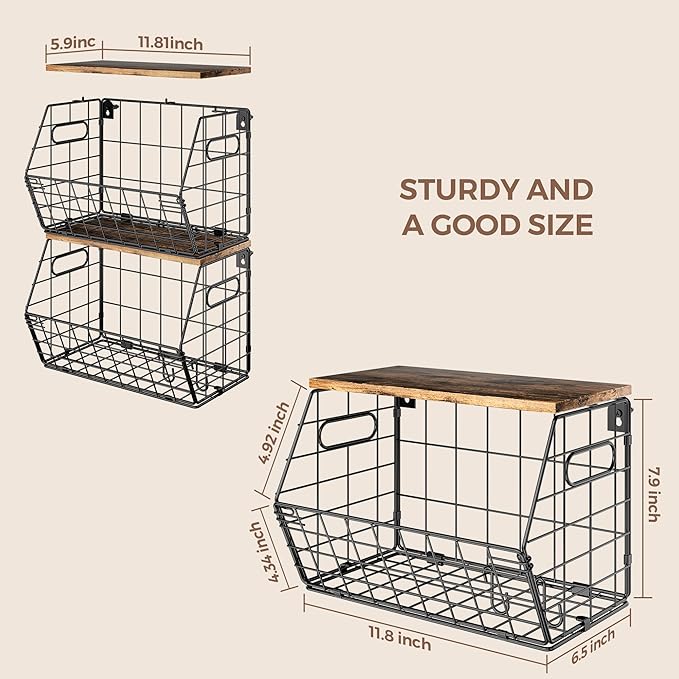 Delamu Stackable Metal Fruit Basket with Wood Lid 3 Pack, Hanging Wall Organizer for Kitchen Counter, Pantry Storage for Onions, Potatoes, Garli, Fruits, Spices, Black