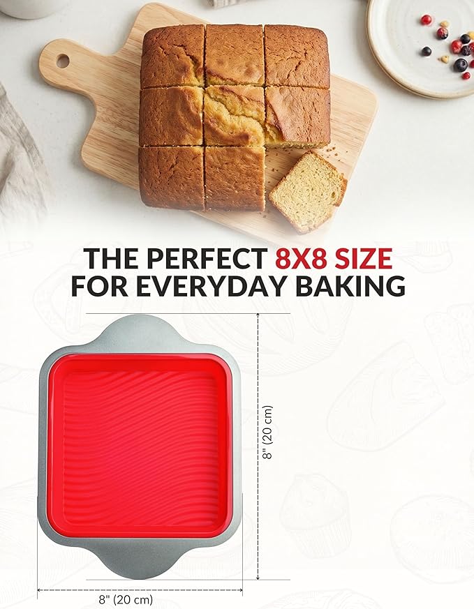 Boxiki Kitchen Non-Stick Silicone 8x8 Square Cake and Brownie Pan with Easy Grip Steel Frame Handles - Easy to Release, Oven & Dishwasher Safe