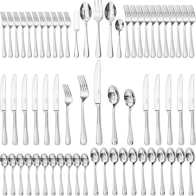 KINGSTONE 65 Pieces Silverware Set for 12, Premium Stainless Steel Flatware Set with Serving Utensils, Heavy Duty and Modern Design Cutlery Set, Mirror Polished, Dishwasher Safe