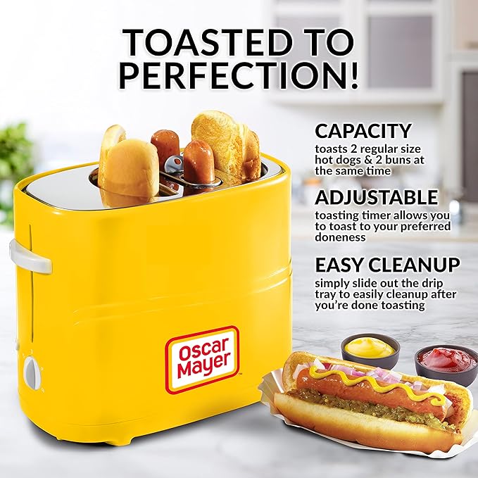 Oscar Mayer 2 Slot Hot Dog and Bun Toaster with Mini Tongs, Hot Dog Toaster Works with Chicken, Turkey, Veggie Links, Sausages and Brats, Yellow