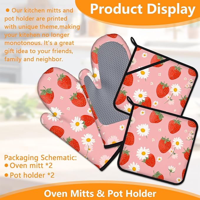 Strawberry Flowers Oven Mitts and Pot Holders Sets 4Pcs Silicone Non-Slip Mitts Heat Resistant Gloves Hot Pads for Kitchen Cooking Baking Grilling BBQ