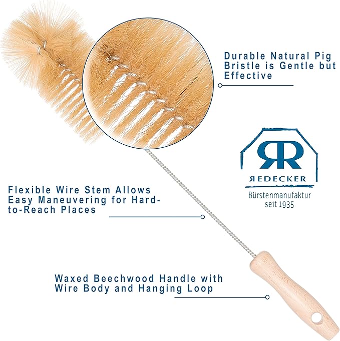 Redecker Natural Pig Bristle Soda Bottle Brush, 15-Inches, Flexible Wire Handle, Made in Germany
