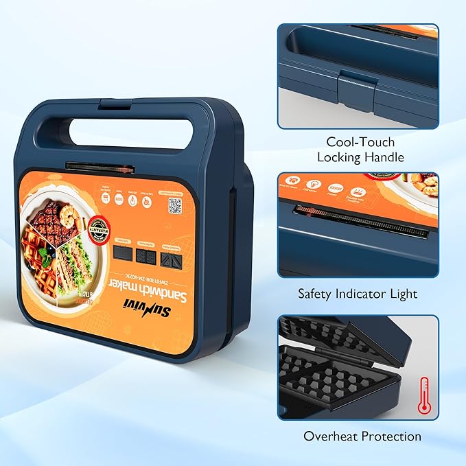 Sandwich Maker Panini Press Grill, 3 in 1 Electric Waffle Maker with Removable Non-stick Plates, Glass Top, Cool Touch Handle & Easy to Clean, 1000W