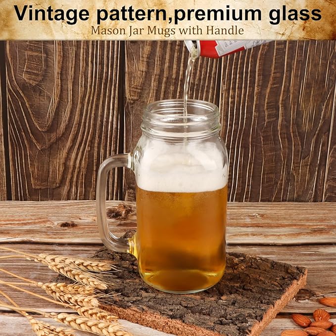 24 oz Mason Jar Cups with Handles, Wide Mouth Iced Coffee Cup with Bamboo Lids & Straws, Large Glass Bottle Mug Drinking Jars Tumbler for Smoothie Cold Water Juice Party Beverages, Set of 4