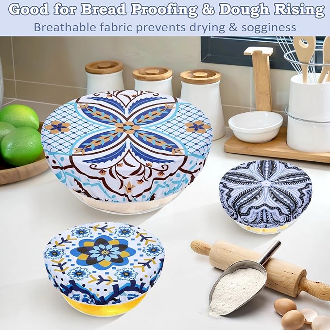 5-Size Reusable Beeswax Bowl Covers for Bread Proofing, Cotton Cloth Flexible Beeswax Wraps for Food Storage(Moroccan Style)