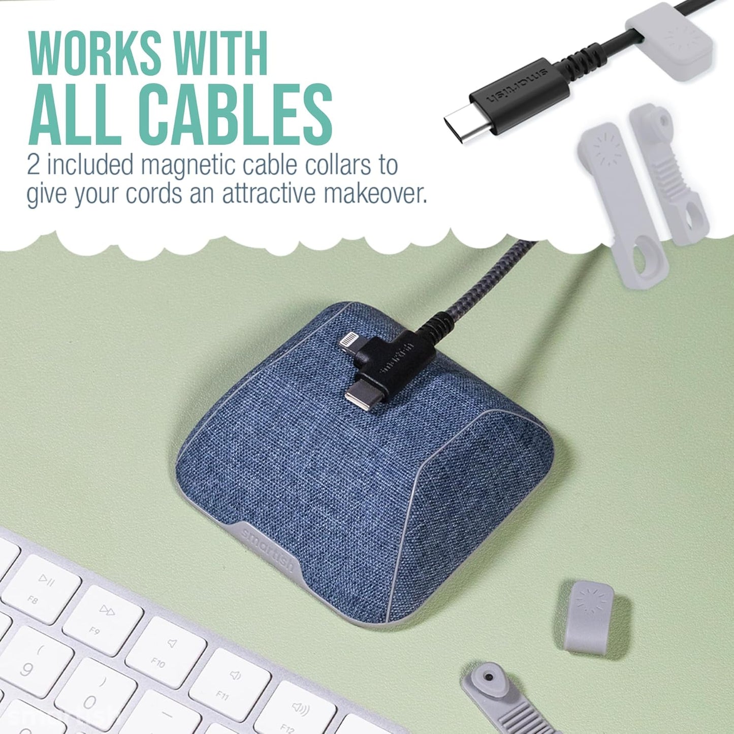Smartish® Magnetic Cord Holder - Cable Wrangler Organizer with Magnet Clips for Charger Management on Desktop, Nightstand, or Side Table for All Cables, USB-C, Lightning Cables - Blue Jeanie