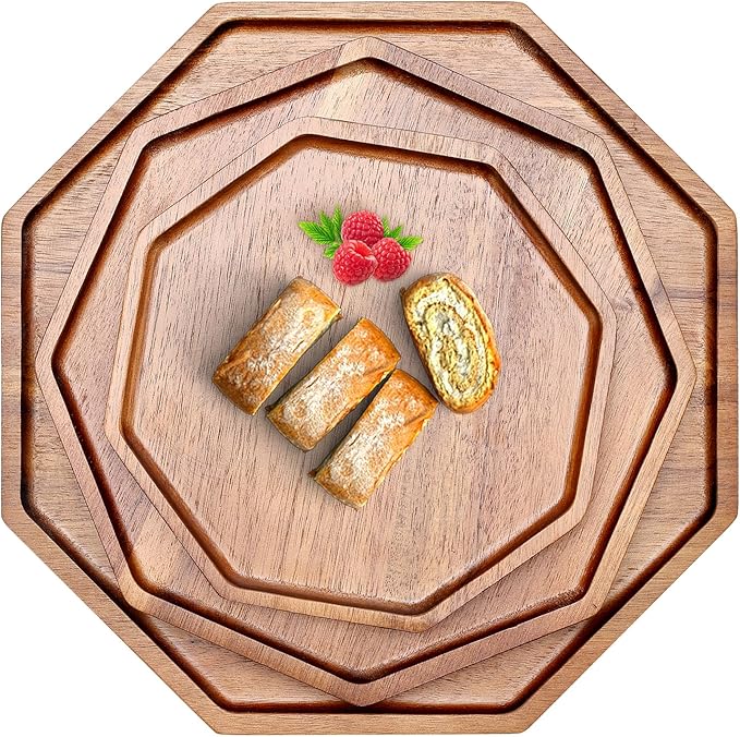 Set of 3 Acacia Wood Serving Trays Cheese Platters Party Hosting Essentials Gifts Charcuterie Board for Vegetable Fruit Food Round Tray Wooden Appetizer Platter Christmas Plates Dish Serving Boards