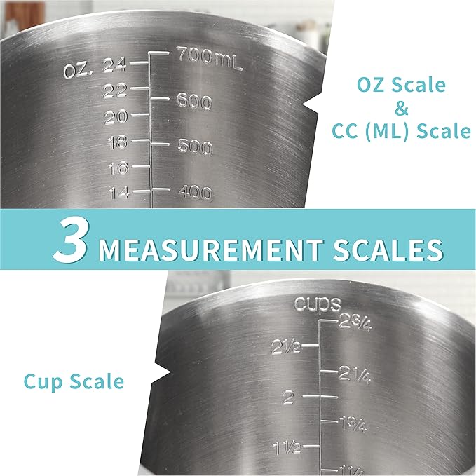 Measuring Cup, [Upgraded, 3 Measurement Scales, Including Cup Scale, ML Scale, Ounce Scale], Newness Stainless Steel Measuring Cup with Marking with Handle, 24 Ounces (0.7 Liter, 3 Cup) (Pack of 2)