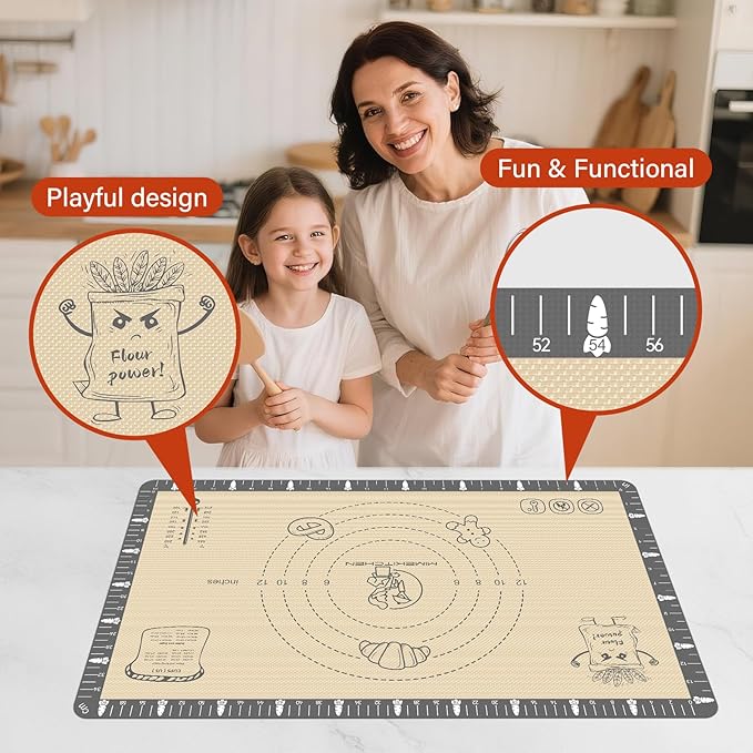 Silicone Baking Mat with Cookie Recipes, Extra Thick Silicone Mat for Baking Macaron, Bread, Pizza, Non Stick Pastry Mat for Dough Rolling Out, Heat Resistant to 480°F for Baker