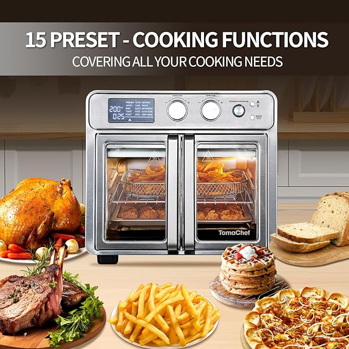 TomaChef 26QT French Door Air Fryer Toaster Oven Combo, 15 Cooking Functions including Rotisserie, and Digital Controls, 30 Recipes & 5 Accessories, Stainless Steel Finish