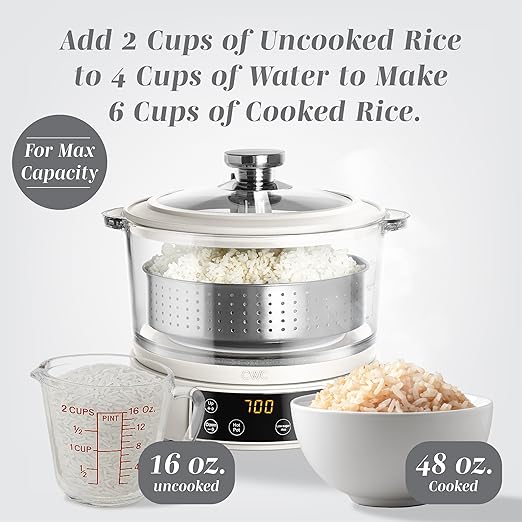 COOK WITH COLOR 3L Glass Mini Low Carb Rice Cooker – Holds 2 Cups Raw/Makes 6 Cups Cooked with Auto Lift Filter Basket, Hotpot & Steamer for Rice, Grains, Digital Panel with Keep Warm, Cream