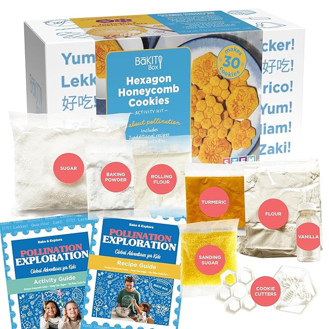 BāKIT Box Hexagon Honeycomb Sugar Cookie Decorating Kit – STEM Baking Gift for Kids Ages 5–12, Homeschool Geometry & Bee Habitat Activities, Educational Cookie Kit for Boys & Girls