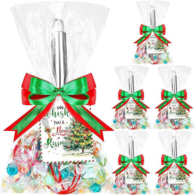 6 Set Christmas Whisk Gifts for Neighbor, Christmas Baking Supplies Include Silicone Whisks Greeting Card Ribbon and Plastic Bag Xmas Cooking Utensils for Neighbor Employee Stocking Stuffers Ideas