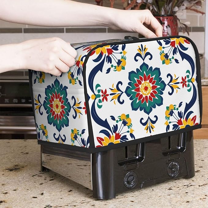 Traditional Mexican Trible Toaster Cover 2 Slice, Cute Rural Bread Machine Cover, Washable Dust-Proof Cover for Kitchen Small Appliance Cover,with Top Handle