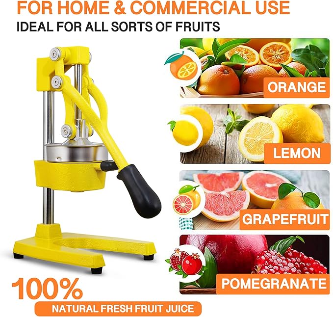 Commercial Heavy Duty Cast Iron Hand Press Manual Orange Citrus Lemon Lime Grapefruit Pomegranate Fruit Juice Squeezer Machine with Stainless Steel Cup Yellow