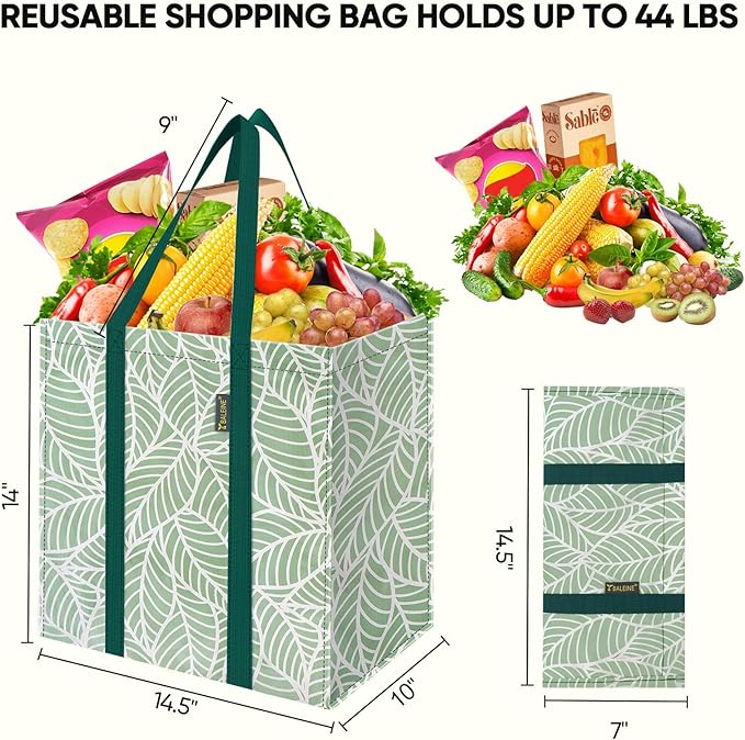 BALEINE 4 PK Grocery Bags Reusable Shopping Bags with Reinforced Bottom, Heavy Duty Foldable Tote Bags (Antique Folidage)