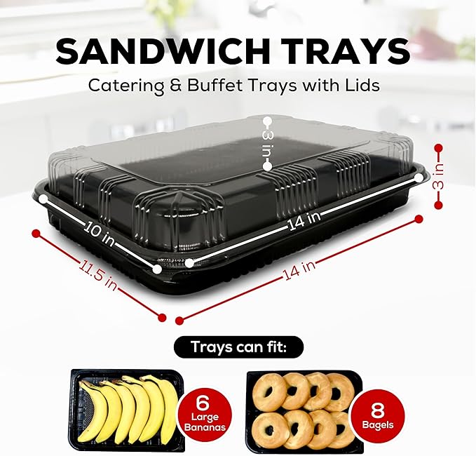 10 Pack Catering Trays with Lids – 13" Serving Tray with Lid, Heavy Duty Recyclable Plastic Party Platters for Catering, Buffet, Picnics & Events – Food Trays with Clear Lid (13.39 × 9.84 × 2.95 inch)