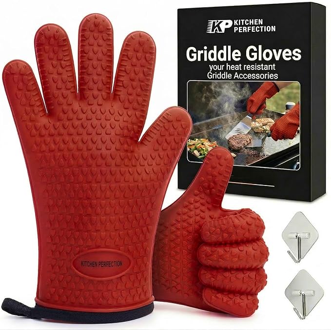 KITCHEN PERFECTION XL Silicone Oven & Griddle Gloves -Extreme Heat Resistant BBQ & Grilling Gloves -Handle Hot Food Right on Your Griddle |Waterproof Oven Mitts Grill Gloves |Superior Set+3 Bonuses
