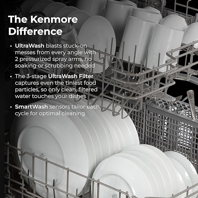 Kenmore 24" Premium Hybrid Tub Dishwasher - UltraWash, MoreSpace Adjustable Rack, High Temp & SmartWash - 12 Place Settings - 54 DBA - ENERGY STAR Certified - White