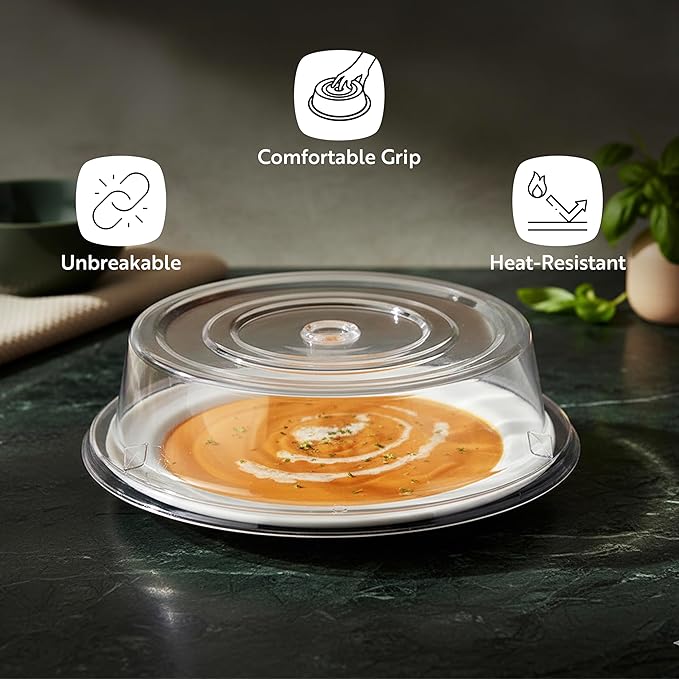 Restaurantware Cater Tek 8.5 Inch Polycarbonate Plate Covers 10 Shatterproof Dish Covers - Dishwashable For 8-Inch Plates Clear Plastic Splatter Covers Finger Hole Design Endures Up To 210F
