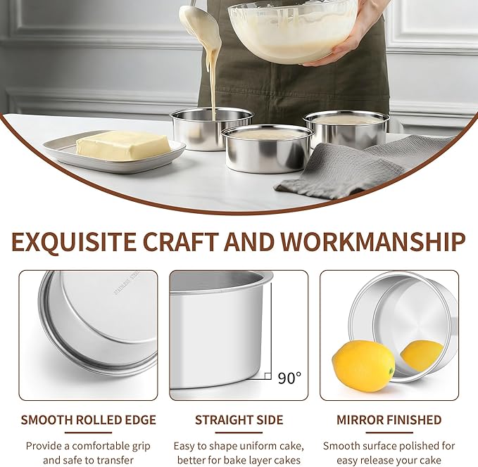 TeamFar 5 Inch Cake Pan Set of 4, Stainless Steel Small Layer Cake Baking Pans Tins, Round Bakeware for Birthday Wedding Party, Non-Toxic & Healthy, Mirror Finish & Dishwasher Safe
