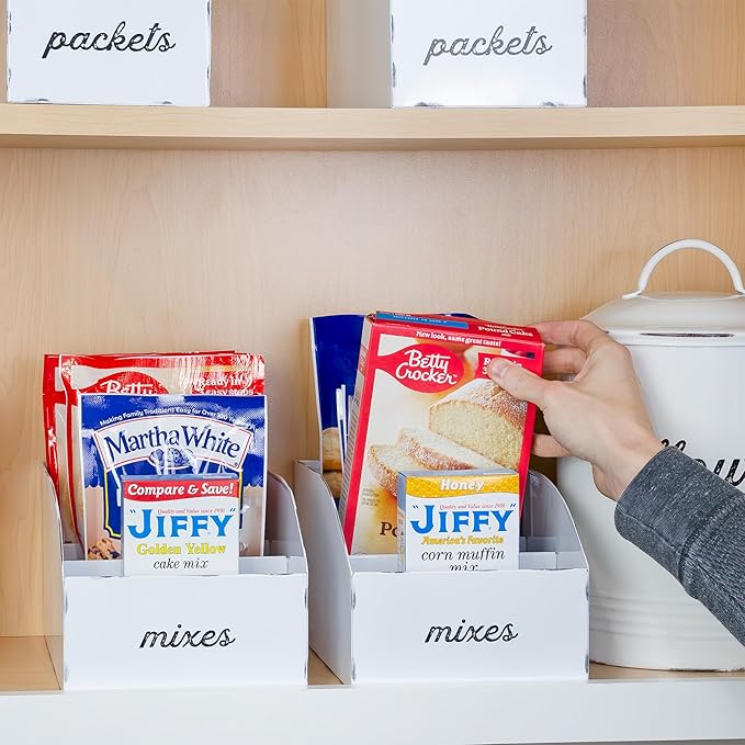 AuldHome Design Farmhouse Baking Mix Organizers (2-Pack, White); Enamelware Pantry Organization Divided Compartment Bins for Food Mixes and Spice Packets