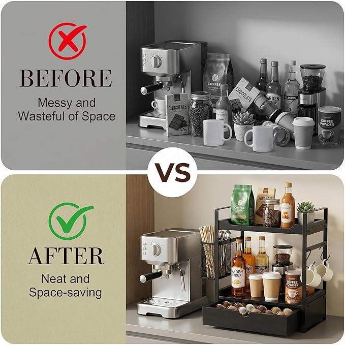 Coffee Station Organizer Countertop, Wooden Coffee Bar Accessories Organizer with Basket, 2 Mug Holder Hooks and Pod Drawer, Multifunctional 2 Tier Countertop Organizer for Kitchen, Bathroom, Office