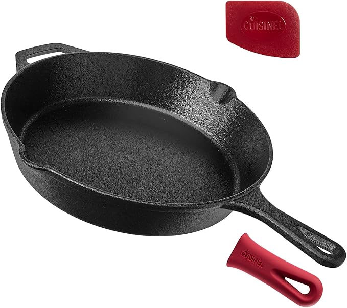 Cuisinel 12‑Inch Cast Iron Skillet – Pre‑Seasoned Frying Pan with Assist Handle & Silicone Handle Holder – Oven, Stovetop, Grill & Campfire Safe Cookware – PFAS & PFOA‑Free