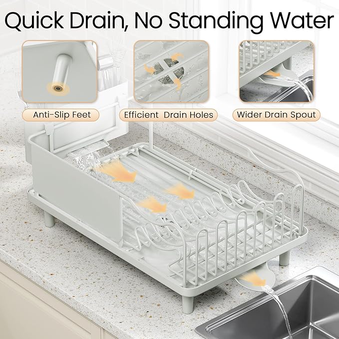 Dish Drying Rack Large Capacity - Stainless Steel Dish Rack for Kitchen Counter with Drain Board, Rustproof Dish Drainer with Auto Drain Spout, Utensil Holder & Glass Holder, Dinnerware Organizer