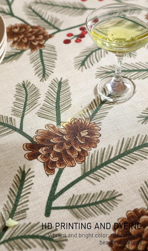ISAENNE Designer Christmas Beige Linen Rectangular Tablecloth,Pinecones Pattern Indoor Tablecloths,Washable Decor Table Cloth for Dining Thanksgiving Kitchen Christmas,55"*87"-Carol B