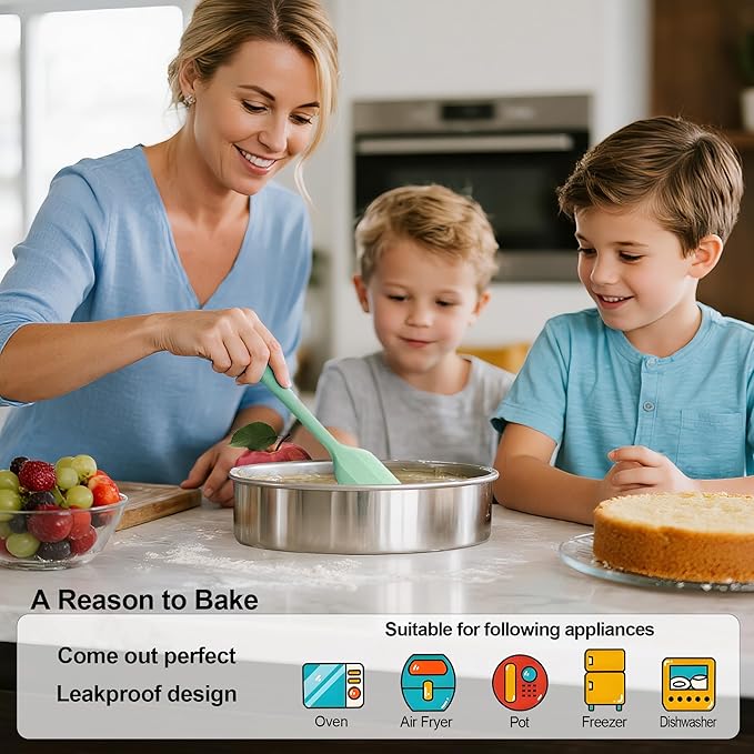 9½ Inch Cake Pan Set of 2, Nonstick Circle Stainless Steel Round Layer Cake Baking Pans Tins with 100PCS Parchment Paper for Birthday Christmas, Healthy & Non-Toxic, Silicone Spatula & Dishwasher Safe