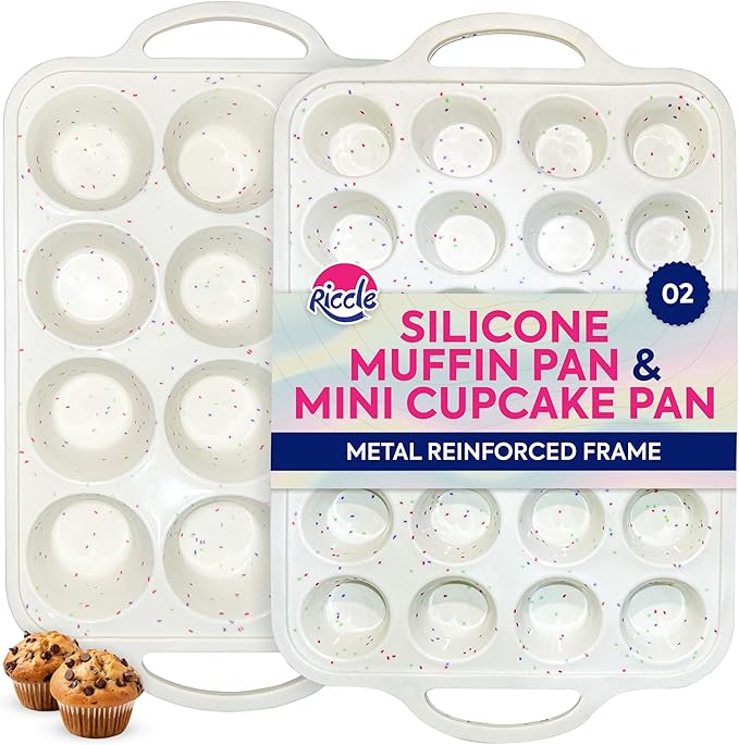 RICCLE 2 Pack Silicone Muffin Pans for Baking with Metal Reinforced Frame - Regular 12 Cup Silicone Muffin Pan & 24 Cup Mini Cupcake Pans - Silicone Cupcake Pan Set - Oven & Dishwasher Safe, BPA-Free