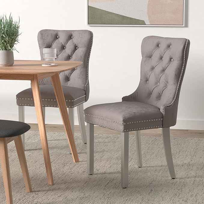 Velvet Dining Chairs Set of 6, Upholstered Dining Room Chairs with Back Ring Pull Trim and Sliver Stainless Steel Legs,Modern Kitchen Chairs Perfect for Dining Room,Kitchen(Grey)