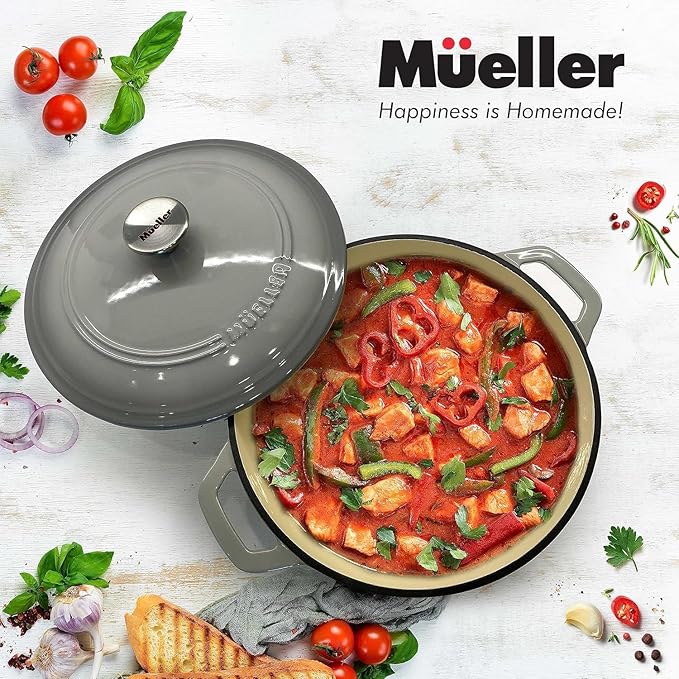 MUELLER HOME 7.5 QT Enameled Cast Iron Dutch Oven, Heavy-Duty, Oven-Safe up to 500° F & Across All Cooktops, Casserole Dish and Braiser Pan with Lid and Stainless Knob, Grey