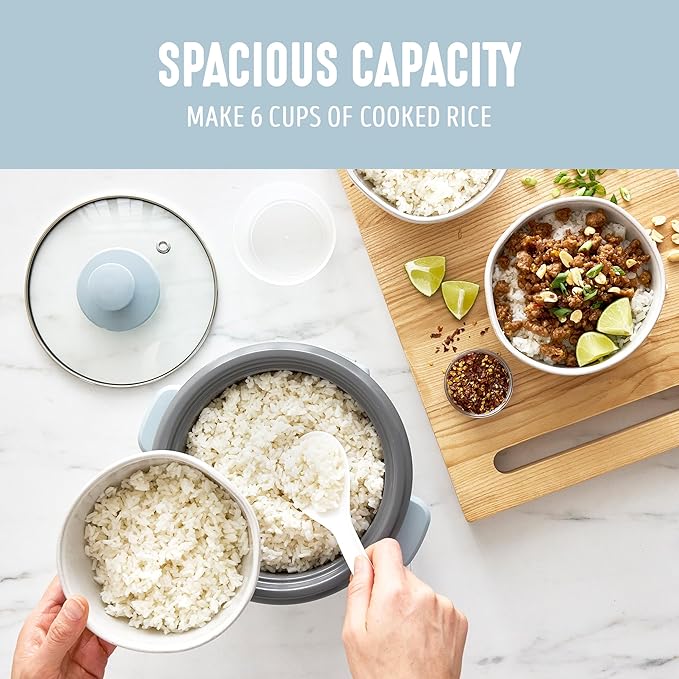 GreenLife Rice Cooker with Removable PFAS-Free Ceramic Nonstick Pot, 3-Cups Uncooked/6-Cups Cooked, Grains & Oatmeal Multicooker, Compact One-Switch Design, Auto Keep Warm, Easy Clean, Blue Haze