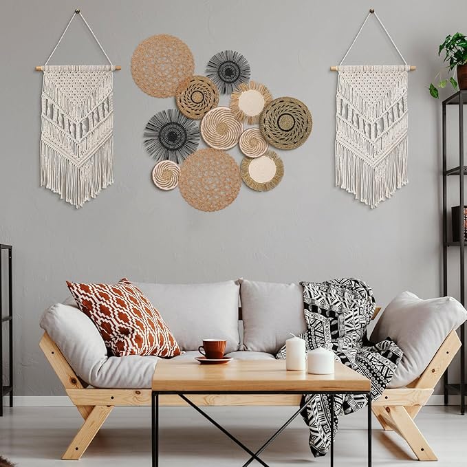 Tatuo 11 Pcs Boho Wall Basket Decor Bulrush Woven Wall Hanging Art Round Farmhouse Rustic Handmade Wicker for Summer Home, Bedroom, Living Room, Kitchen Decorations, Multi Sizes(Flower)