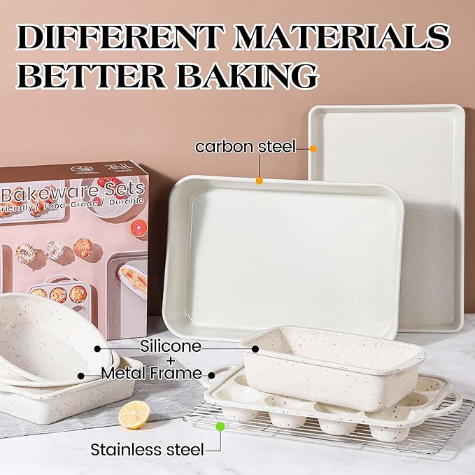 8 Pcs Baking Pans Set, Silicone Bakeware Sets with Metal Reinforced Frame, Nonstick Stackable Carbon Steel Non Toxic Baking Sets for Cooking (Cream)