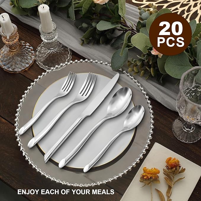 20-Piece Silverware Set with Handle, Stainless Steel Flatware Set, Cutlery Set Mirror Polished, Dishwasher Safe, Service for 4