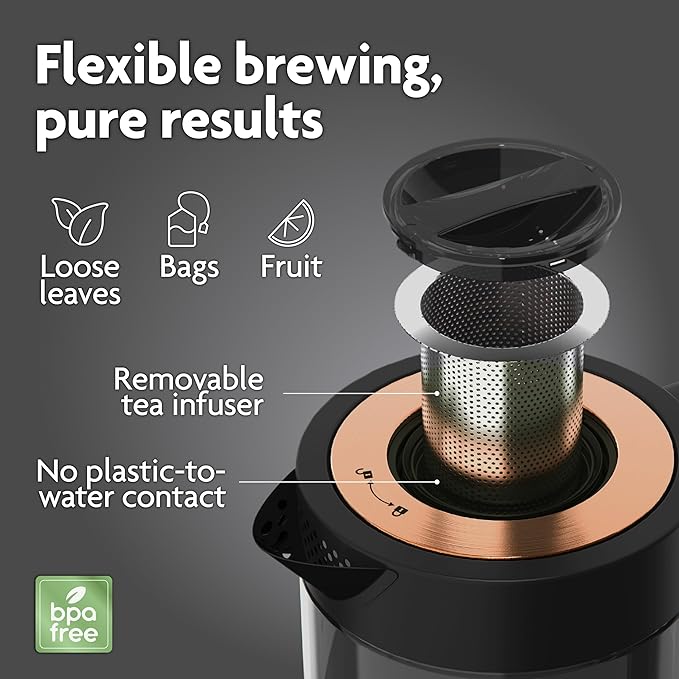 Vianté Electric Kettle With Infuser. No Plastic In Contact With Water. Hot Tea Maker With Temperature Control And Automatic Shut Off 1.5 Liters Capacity | Black Color